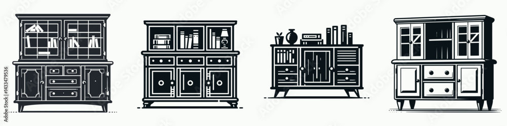 A Credenza with hutch. Stationary graphic design. Sideboard plus display cabinet home office storage solution stylish interior decor. A Credenza with hutch. Stationary graphic design. Sideboard plus display cabinet home office storage solution stylish interior decor.