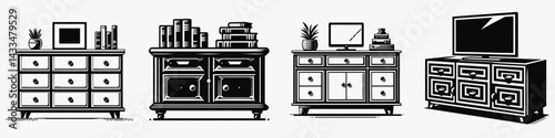 A Credenza. Stationary graphic design. Sideboard buffet refined home furnishing living room cabinet for dining area decor.