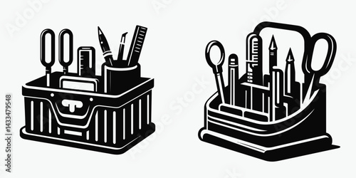 A Desk caddy. Stationary graphic design. Desktop organizer office supply container for pen pencil small item keeping.