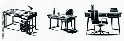 A Glass desk. Stationary graphic design. writing table modern workstation with clear surface for home office.