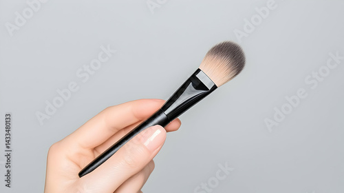Hand Holding Makeup Brush on Gray Background with Light Pink Painted Nails