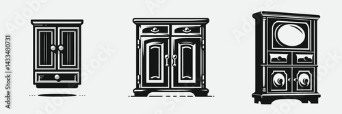 A Wall cabinet. Stationary graphic design. Mounted storage fixture upper shelving unit for household item organization.