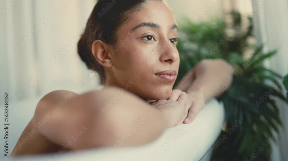 Natural female beauty, pretty lady face no makeup and cosmetics, portrait. Happy calm Arabic woman relaxing in bathroom, take bath for recovery vitality, dream face expression, beauty treatments
