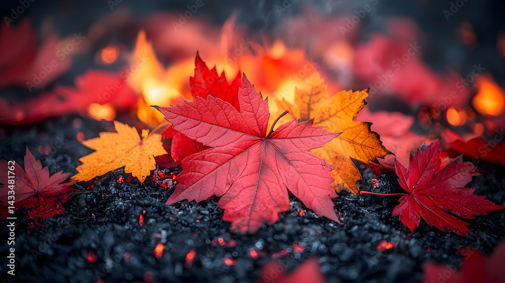 Vivid red and orange autumn leaves rest on a bed of dark embers glowing faintly Falls fiery end Vivid red and orange autumn leaves rest on a bed of dark embers glowing faintly Falls fiery end