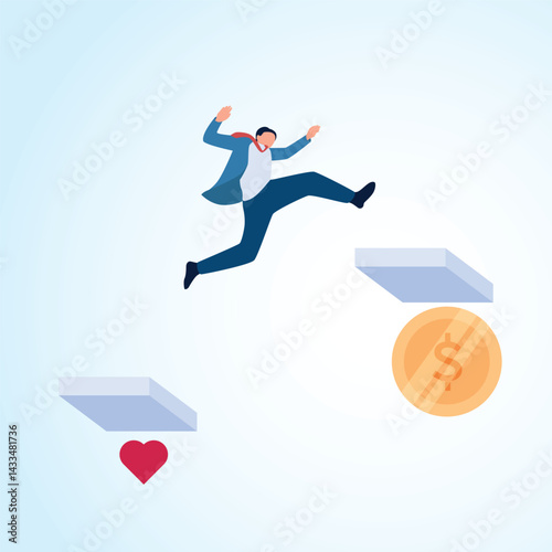 A man jumps from love to money. A metaphorical illustration of a profitable hobby, a money-making passion and a job you love.