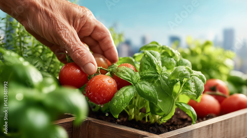 Hands at Work: Harvesting Vibrant Cherry Tomatoes and Fragrant Basil