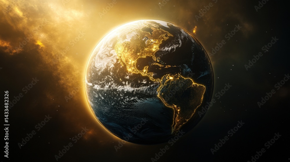 Fototapeta premium A globe-themed world map with realistic Earth textures, floating in space with a sunlit glow