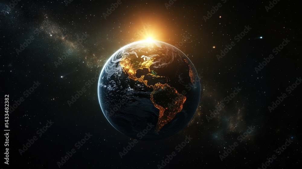 Obraz premium A globe-themed world map with realistic Earth textures, floating in space with a sunlit glow