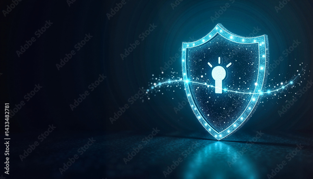 Fototapeta premium Glowing blue shield with lightbulb against dark background, concept for data protection