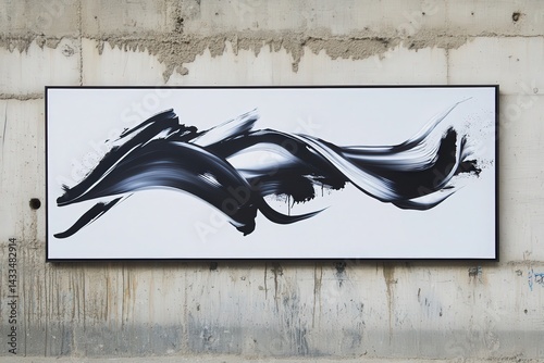 Abstract black and white art piece mounted on a wall. photo