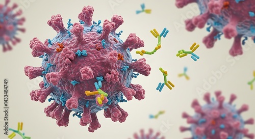 Viral Particle Being Attacked by Antibodies in a Scientific Visualization