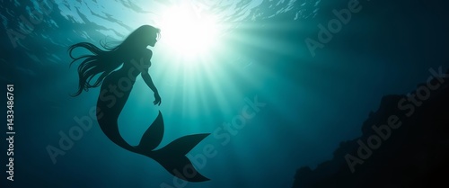 Majestic mermaid silhouette, sunlit ocean depths, image, scales