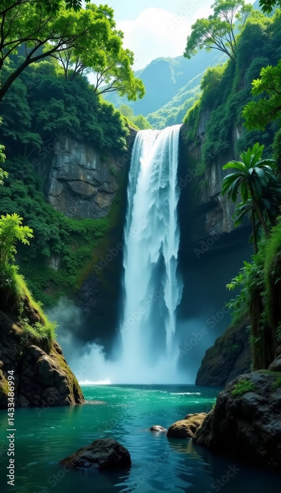 Fototapeta premium Majestic waterfall cascading through lush tropical foliage, Thailand, Tranquil
