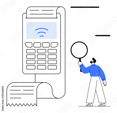 Payment terminal with receipt and wireless icon, person with magnifying glass exploring details. Ideal for finance, audit, technology, payment systems, analysis, transaction security, simple landing