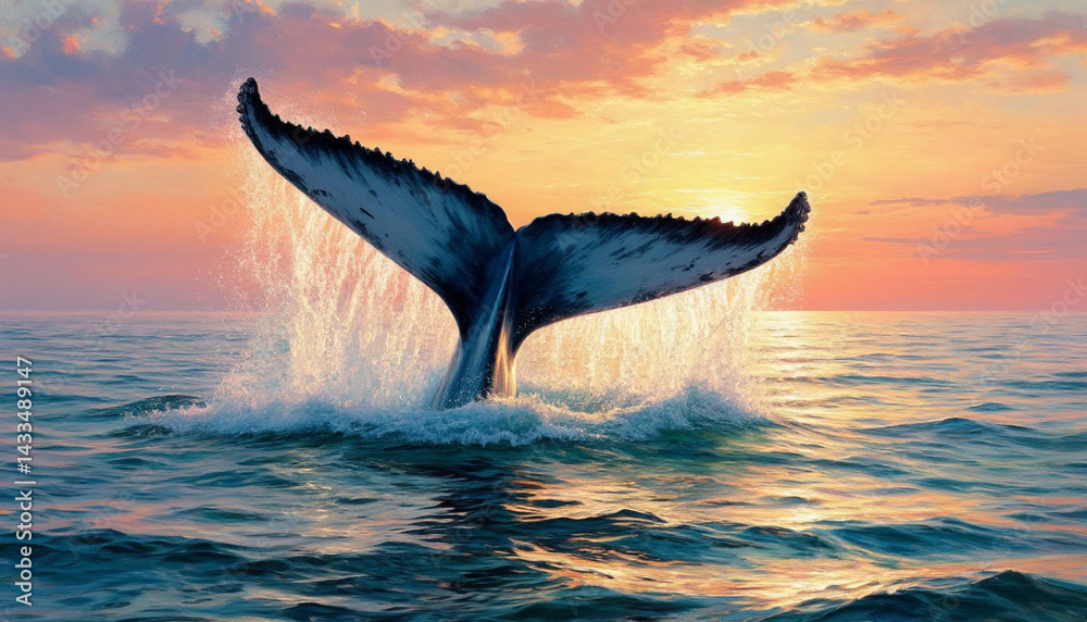 Fototapeta premium Whale tail above water at dawn. Art surrealism.