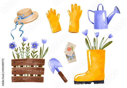 Gardening accessories and tools for the garden and vegetable garden. Rubber boots, rake and shovel, seeds and a sun hat. Watercolor hand-drawn set