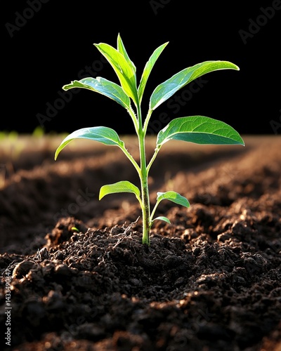 Vibrant green plant growing strongly in the ground against a natural background of earth and sky