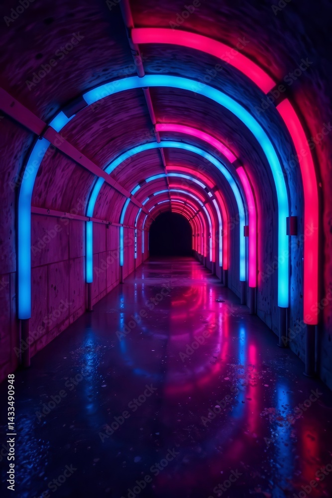 Fototapeta premium Neon lights glowing in a dark tunnel, abstract background, neon, illuminated, abstract