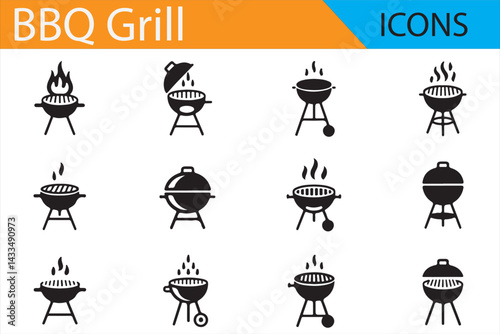 Simple BBQ Grill Icons in Monochrome Line Art for Outdoor Cooking and Barbecue Projects