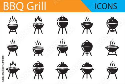 BBQ Grill Icon Set Featuring Charcoal Grills and Cooking Tools for Food Graphics