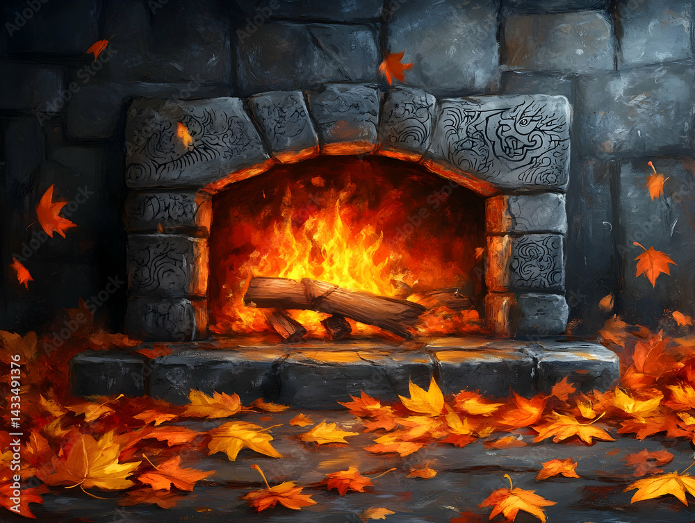 Obraz premium Cozy stone fireplace blazing brightly with autumn leaves scattered around