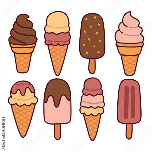 Eight frozen treats including ice cream cones and popsicles in chocolate, strawberry, and vanilla flavors