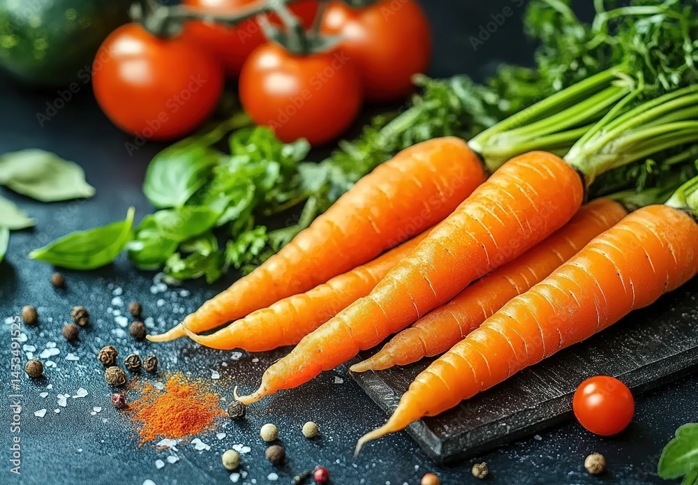 A pile of fresh carrots next to tomatoes and green vegetables, with colorful peppercorns scattered on the table, showcasing a vibrant and diverse ingredient scene. A pile of fresh carrots next to tomatoes and green vegetables, with colorful peppercorns scattered on the table, showcasing a vibrant and diverse ingredient scene.