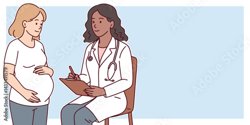 Female doctor sits and talks with pregnant woman. They are of different skin tones during supportive prenatal consultation in medical clinic, Additional space for text