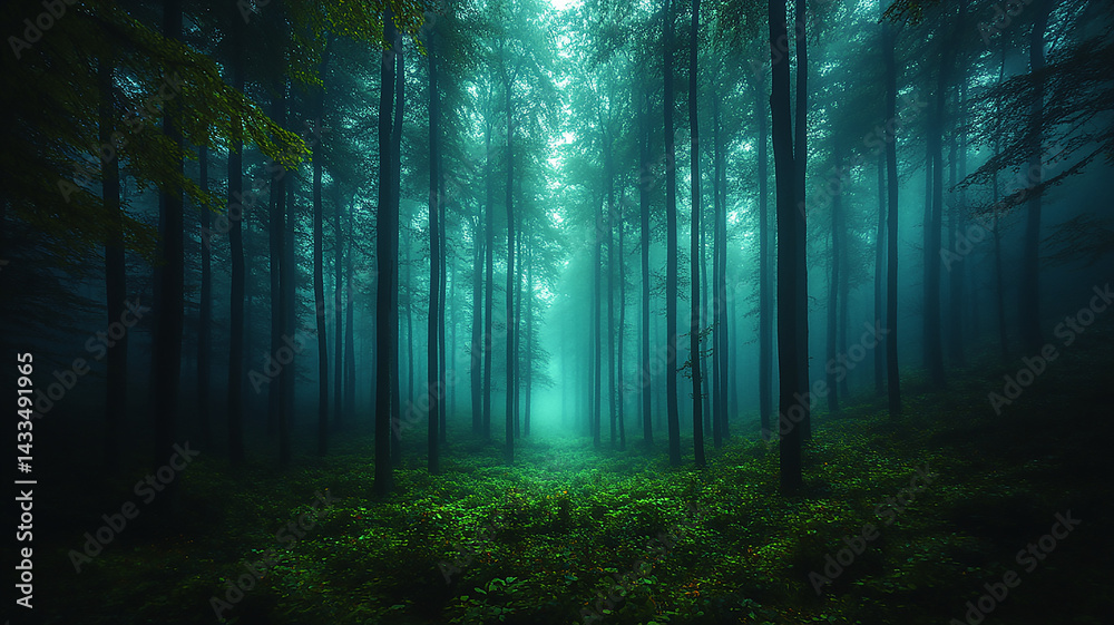 Obraz premium Mystical Forest with Tall Trees, Fog, Greenery, and Light Haze in the Woods