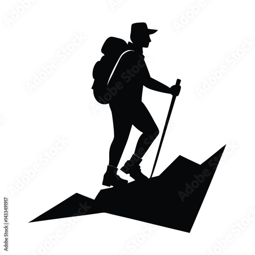 A black and white hiking logo with a male hiker holding a walking stick and backpack. Black silhouette of hiker with backpack and walking stick, Simple flat illustration, on white background