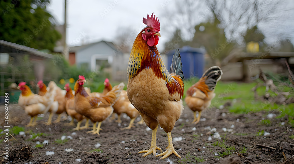 Fototapeta premium Brown Rooster With Hens In Backyard Garden
