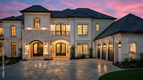 Elegant Estate Home at Dusk, Luxury Residence with Stone Accents and Beautiful Sunset Sky