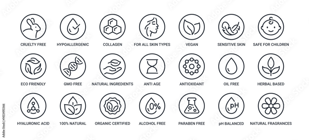 Φωτογραφία Organic, natural, vegan, cruelty free, collagen, anti age,   antioxidant cosmetic editable stroke outline icons set isolated on white background flat vector illustration
