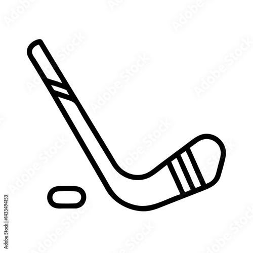 Black outline icon of hockey stick and puck for sports app design or website, simple graphic element for game interface on transparent background.