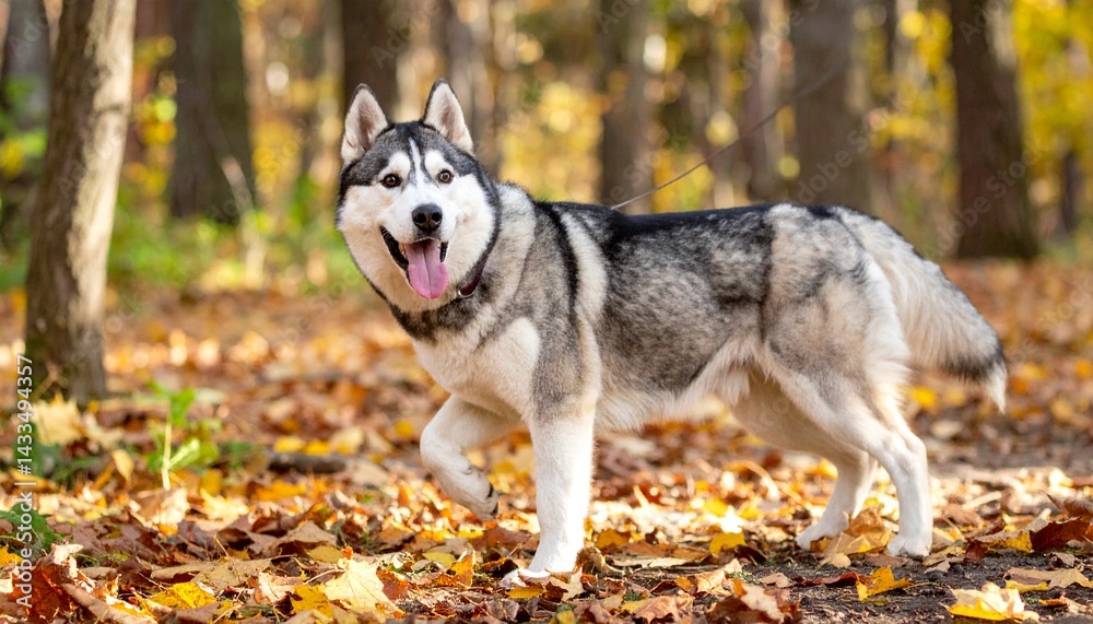 Obraz premium Siberian Husky on a Forest Walk in Autumn