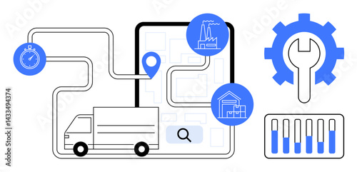 Delivery truck navigating routes on a map with factory and warehouse icons, stopwatch, wrench, and slider tools. Ideal for logistics, supply chain, delivery tracking, fleet management