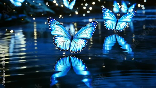 Enchanting blue butterflies reflected in tranquil waters at night creating a magical and ethereal atmosphere