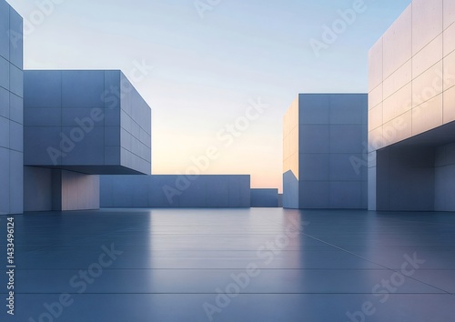 青い空と立方体構造が特徴のモダン建築デザイン シンプルな幾何学模様と光と影による洗練された都市景観
