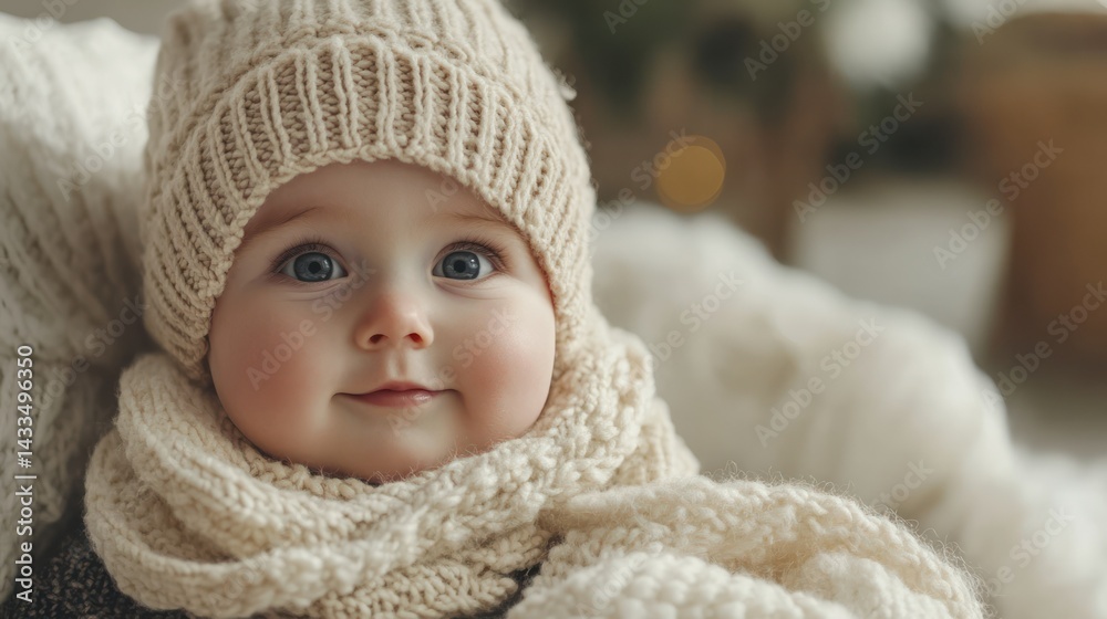 Infant wearing winter hat smiles warmly, showcasing blue eyes, knitted woolens, radiating joy, innocence. Infant wearing winter hat smiles warmly, showcasing blue eyes, knitted woolens, radiating joy, innocence.