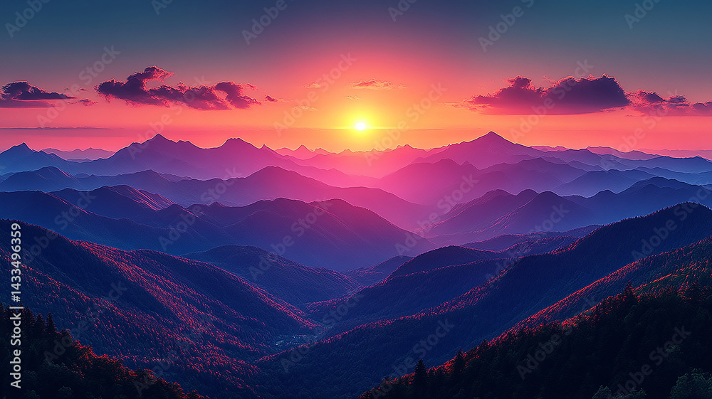 Fototapeta premium Sunset Over Mountain Range with Pink Sky, Silhouetted Ridges and Layered Peaks