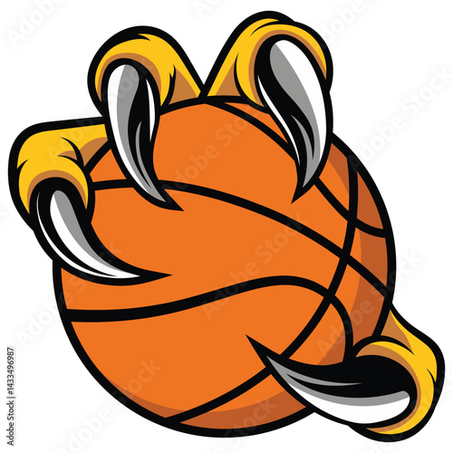 "Create a bold, dynamic sports mascot logo featuring a fierce animal claw clutching a basketball. 