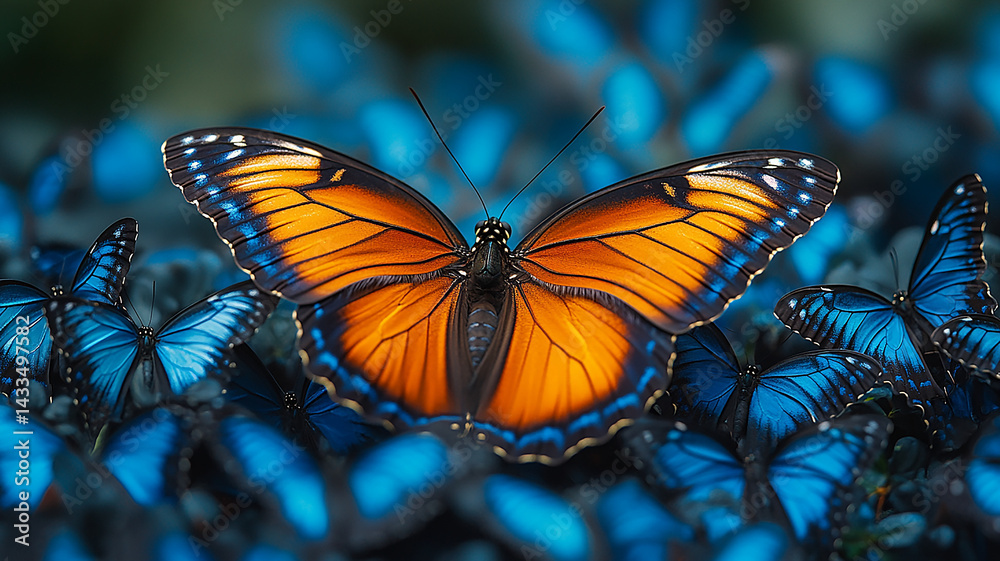 Fototapeta premium Vibrant Orange Monarch Butterfly Surrounded by Blue Morpho Butterflies Cluster