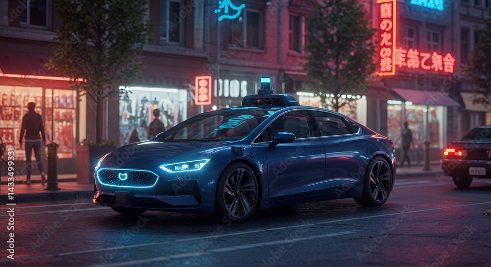 Naklejka premium Autonomous Car in City Street at Night