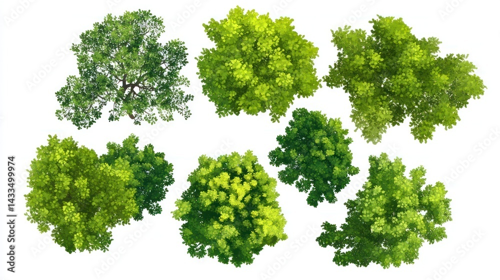 Aerial view of various lush green treetops, isolated on white, for landscape design Aerial view of various lush green treetops, isolated on white, for landscape design