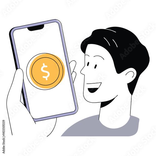 Happy young man looking at a digital coin on his phone