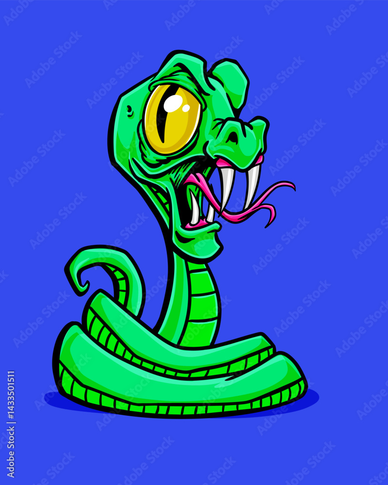 Fototapeta premium Stylized Cartoon Snake with forked tongue and sharp fangs