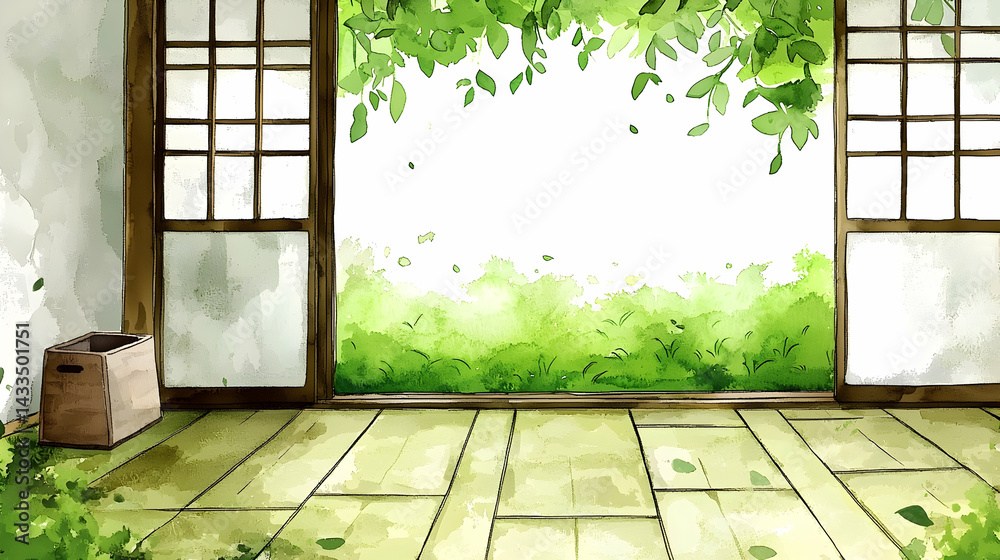 Tranquil Japanese room, open sliding doors, lush garden view, spring leaves, serene background, ideal for meditation or relaxation