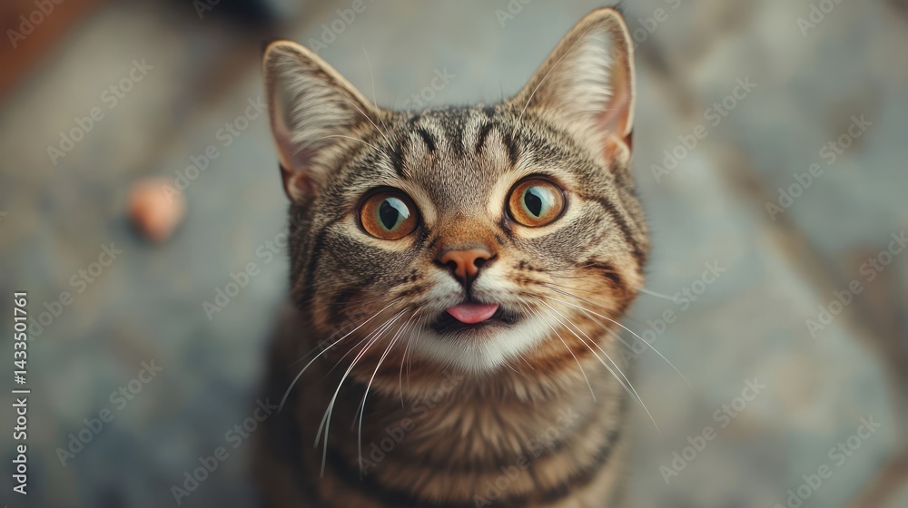 Fototapeta premium Tabby cat outdoors, tongue out, playful, blurry background