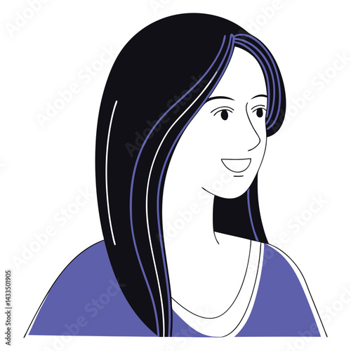 Cheerful woman in a vibrant purple top, side view.