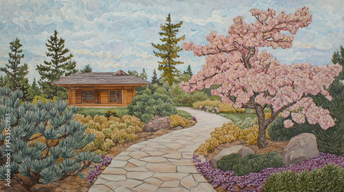 Obraz na płótnie Serene garden path leads to wooden gazebo, pink cherry blossom tree, tranquil spring scene, perfect for relaxation and nature themes w salonie